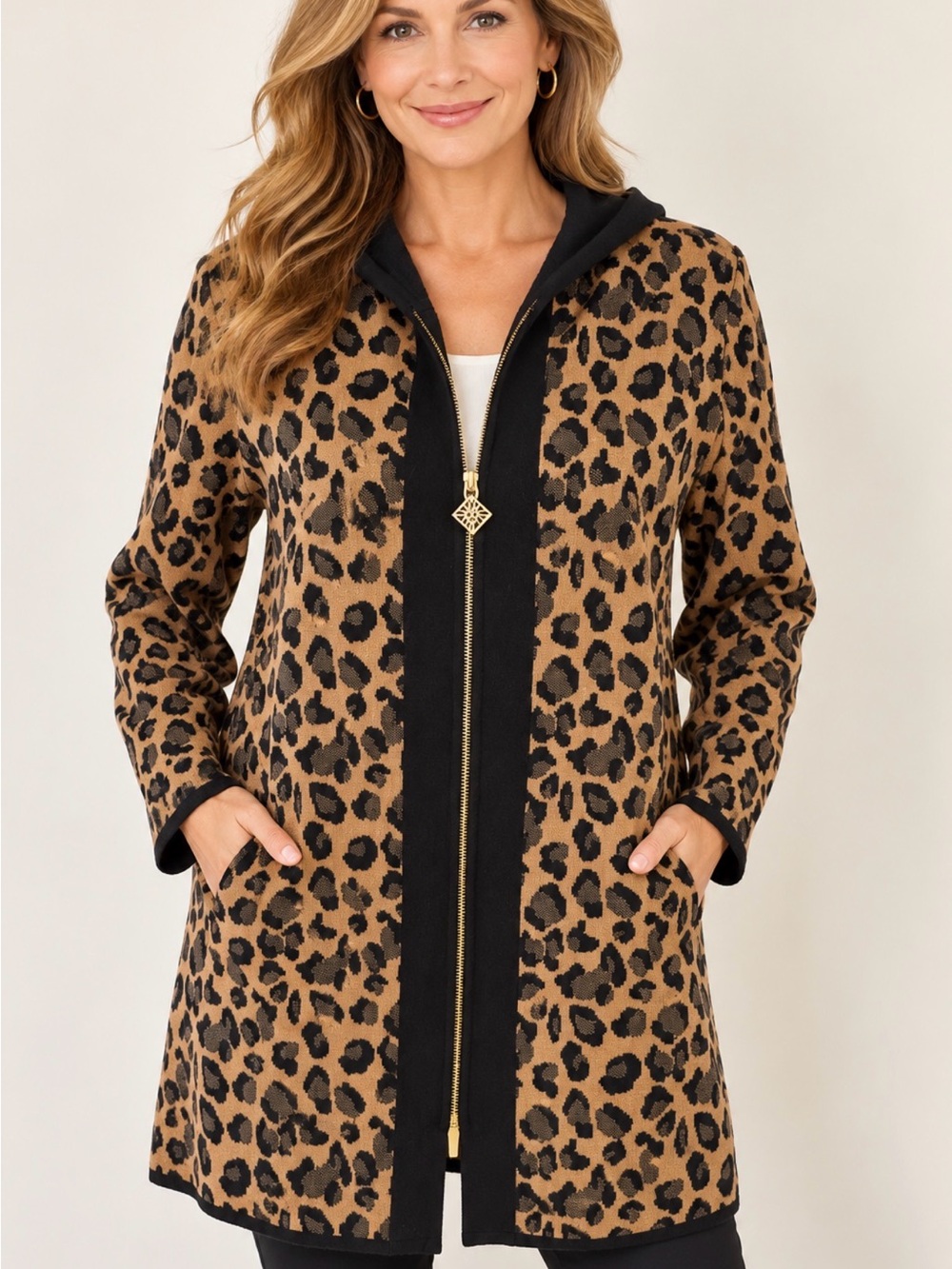 Anne Klein Leopard Print Hooded Zip Cardigan - Black Trim Small
